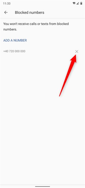 Toque X para obtener un número de la lista de números bloqueados