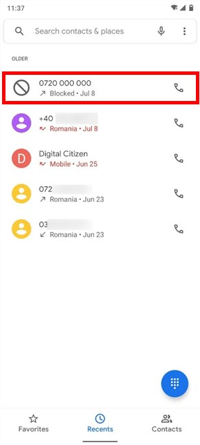 Toca un número bloqueado