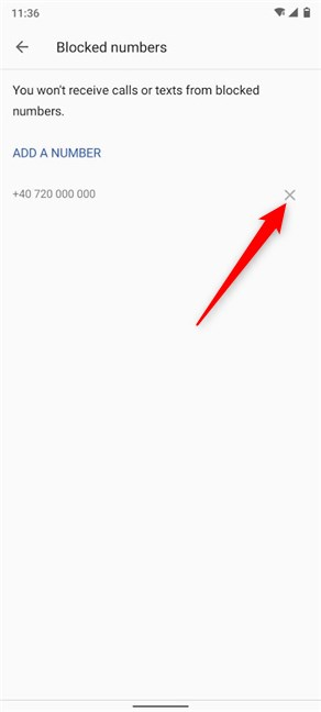 Toque la X junto a un número para eliminarlo de Números bloqueados en su Android