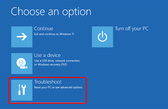 Para acceder al modo seguro de Windows 11, seleccione Solucionar problemas