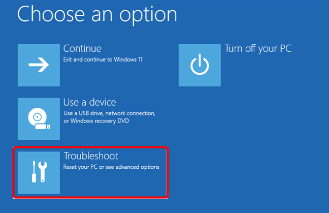 Haga clic o toque Solucionar problemas para acceder a la configuración del Modo seguro