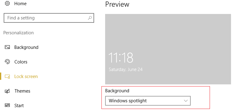 asegúrese de que Windows Spotlight esté seleccionado en segundo plano