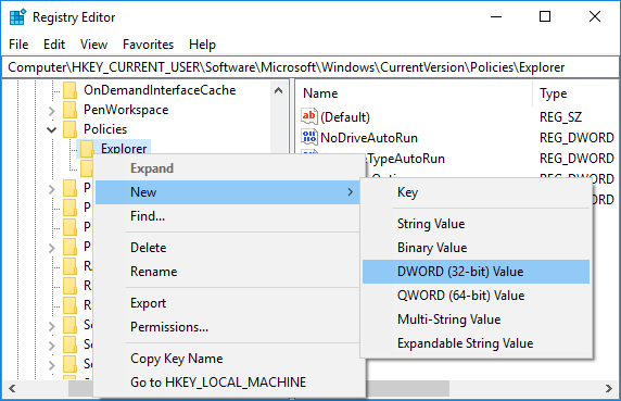 Haga clic con el botón derecho en Explorador en Políticas y luego seleccione Nuevo y Valor DWORD (32 bits)