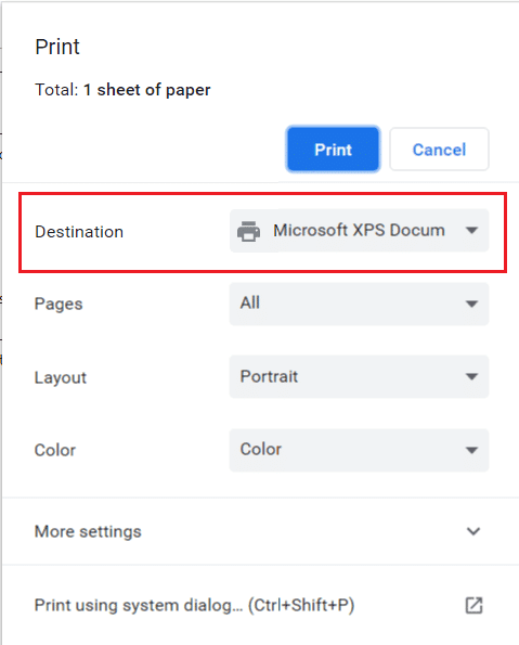 Presione la tecla Ctrl + P para abrir la ventana emergente Imprimir página en Chrome