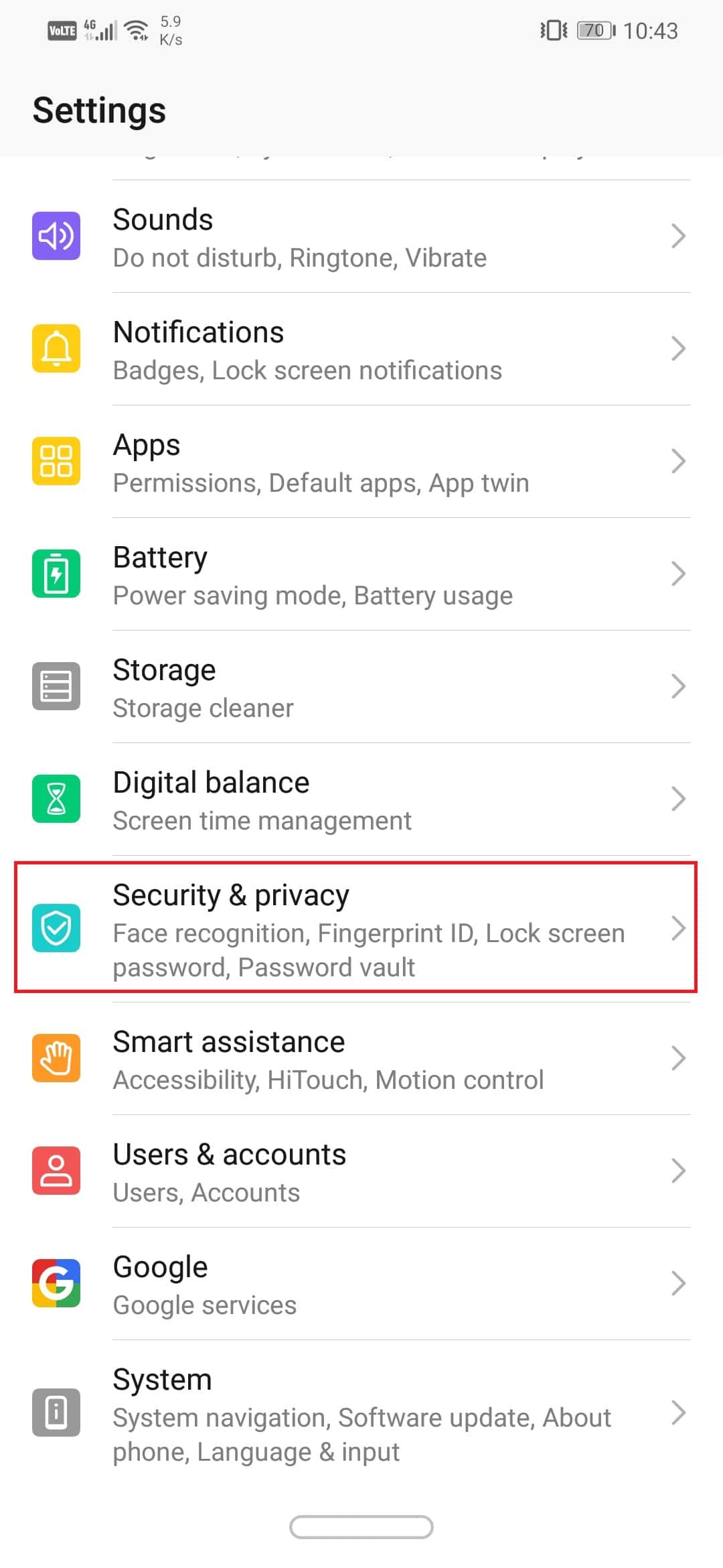 Haga clic en la opción Seguridad y privacidad. | ocultar archivos, fotos y videos en Android