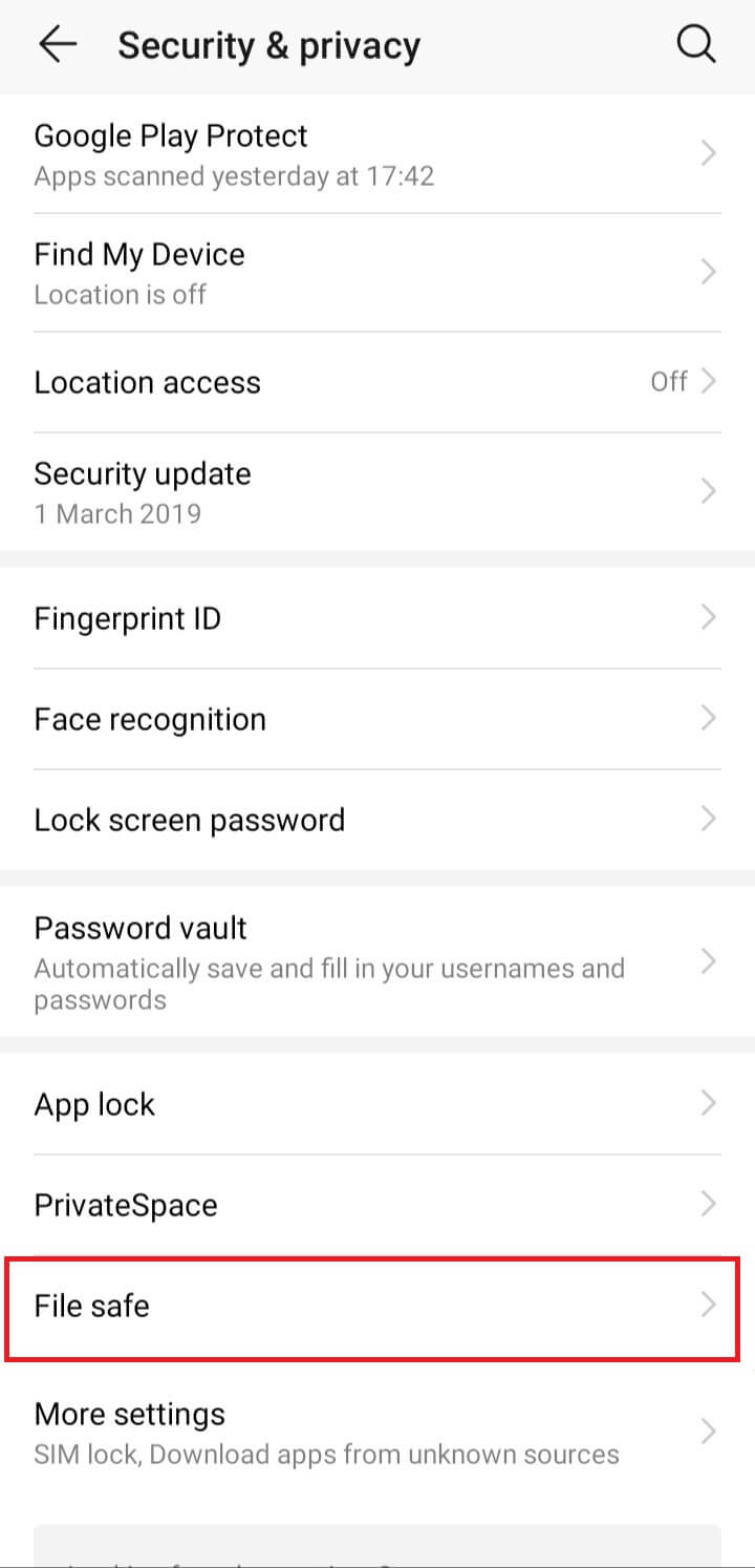 Haga clic en File Safe en Seguridad y privacidad