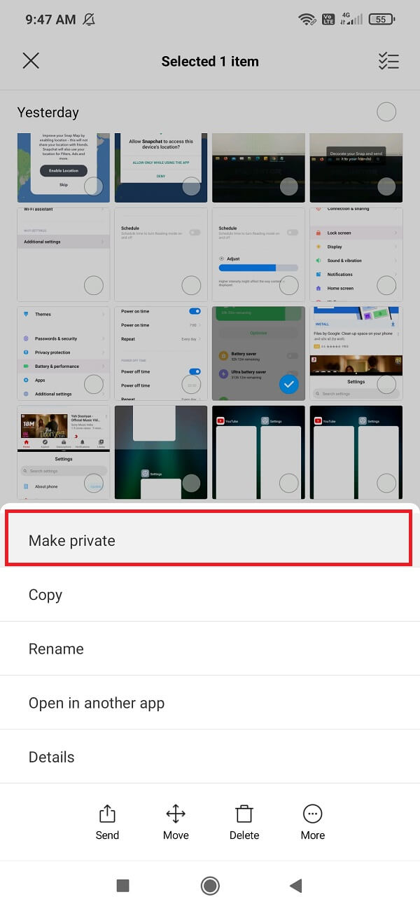 En la opción Más, encontrarás el botón Hacer Privado u Ocultar | Ocultar archivos, fotos y videos en Android