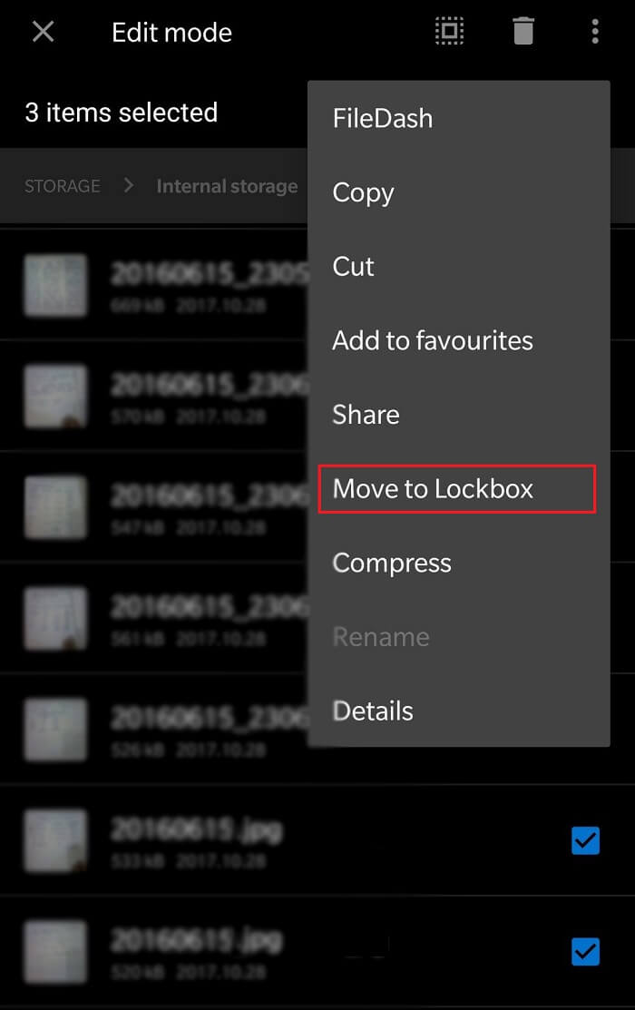 Mantenga presionado el archivo, luego toque tres puntos y seleccione Mover a Lockbox