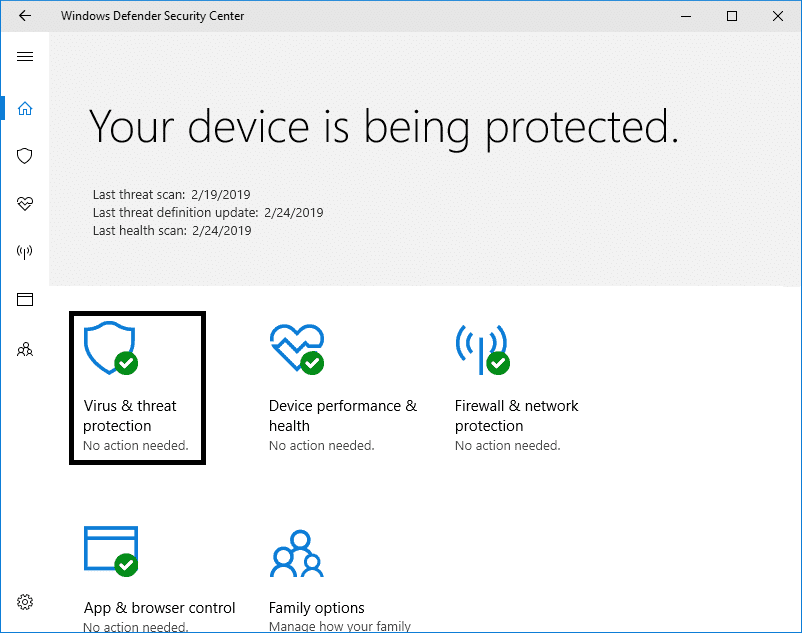 Haga clic en la configuración de protección contra virus y amenazas