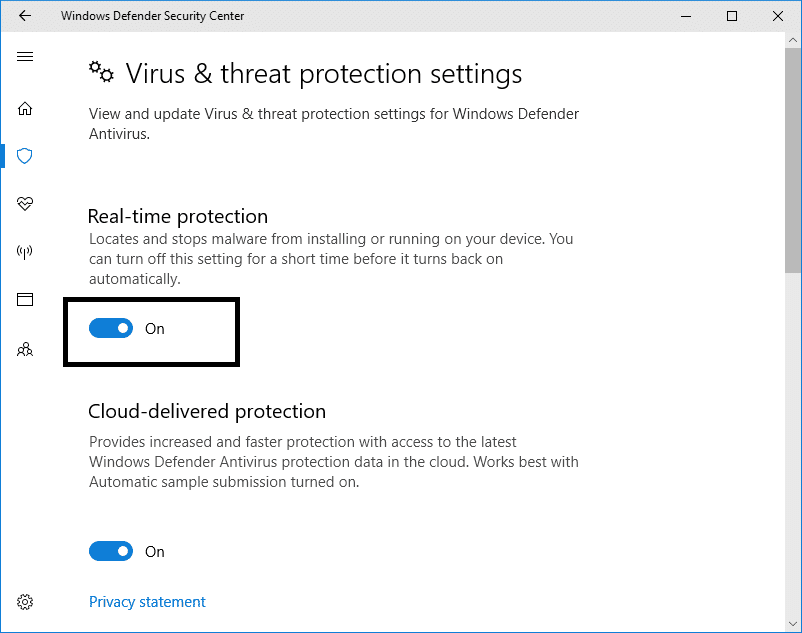 Desactive la protección en tiempo real para desactivar Windows Defender |  Deshabilitar permanentemente Windows Defender en Windows 10