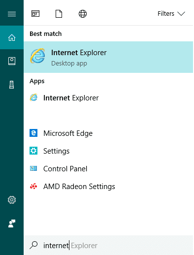 Presione Windows Key + S para que aparezca la búsqueda y luego escriba Internet Explorer