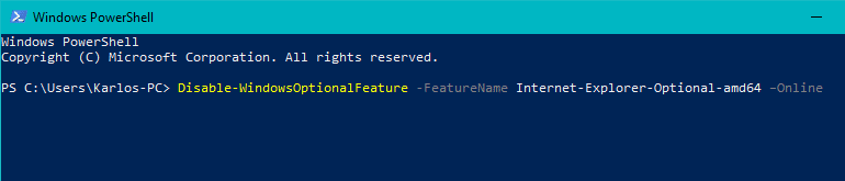 Deshabilite Internet Explorer 11 usando PowerShell