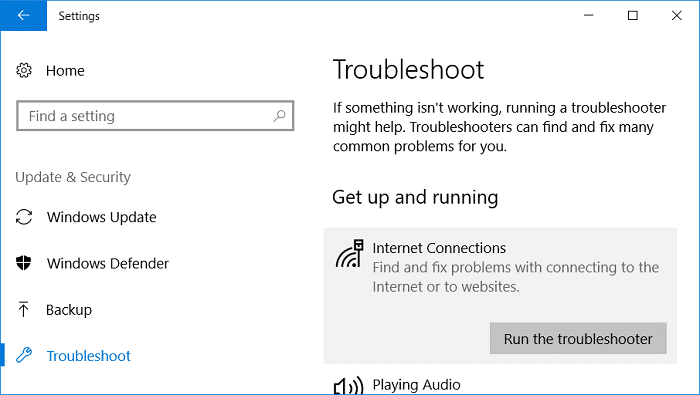 Haga clic en Conexiones a Internet y luego haga clic en Ejecutar el solucionador de problemas | Arreglar Sin conexión a Internet después de actualizar a Windows 10 Creators Update