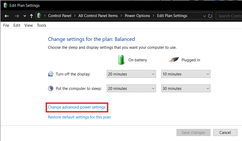 Haga clic en Cambiar la configuración avanzada de energía en la siguiente ventana Editar configuración del plan | Arreglar Sin conexión a Internet después de actualizar a Windows 10 Creators Update
