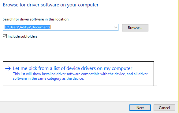 déjame elegir de una lista de controladores de dispositivos en mi computadora | Arreglar Sin conexión a Internet después de actualizar a Windows 10 Creators Update