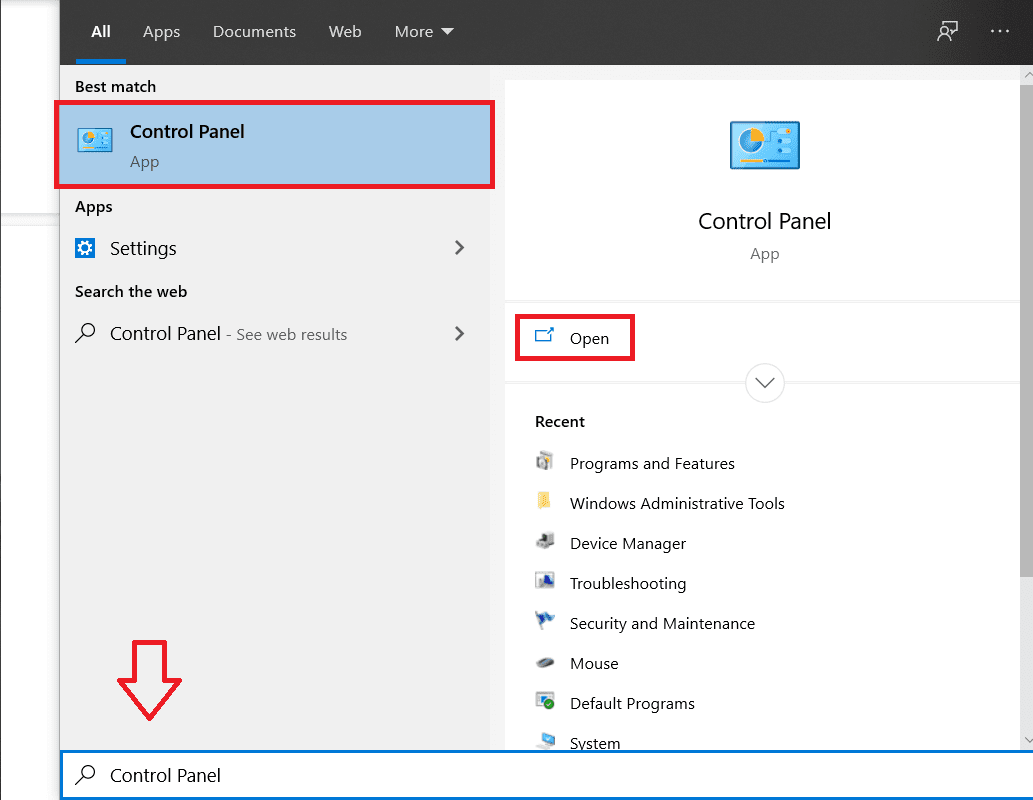 Escriba Panel de control en la barra de búsqueda y presione enter | Arreglar Sin conexión a Internet después de actualizar a Windows 10 Creators Update