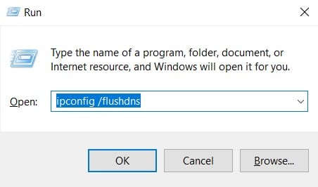 Ingrese ipconfig flushdns en el cuadro y presione OK |  Vaciar y restablecer la caché de DNS