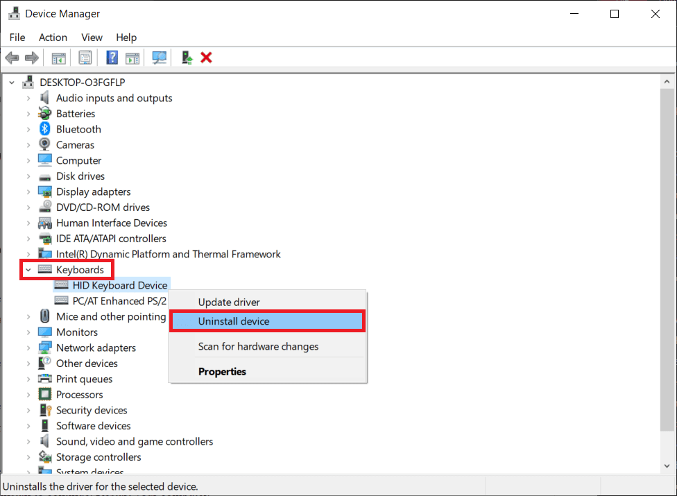 Haga clic derecho en el teclado de su computadora y seleccione Desinstalar dispositivo | ¿Cómo restablecer su teclado a la configuración predeterminada en Windows 10?