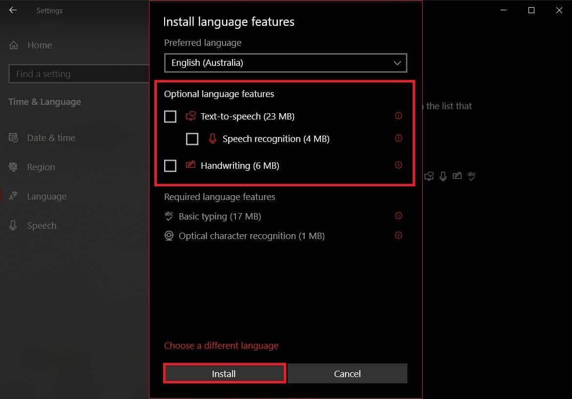desmarque las funciones de idioma opcionales | ¿Cómo restablecer su teclado a la configuración predeterminada en Windows 10?