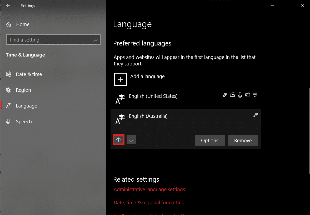 Haga clic en el idioma recién agregado para ver las opciones disponibles