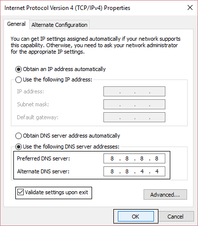 utilice las siguientes direcciones de servidor DNS en la configuración de IPv4 | No se puede acceder al sitio de reparación, no se pudo encontrar la IP del servidor