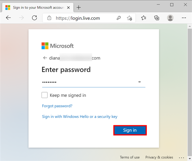Inserte la contraseña actual de Microsoft