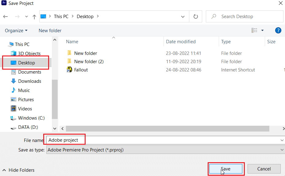 haga clic en guardar para guardar el proyecto. Arreglar el código de error 3 de Premiere Pro en Windows 10