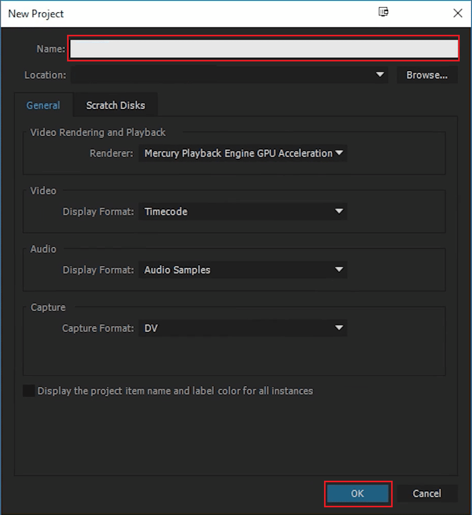 Asigne un nombre al proyecto y haga clic en Aceptar. Arreglar el código de error 3 de Premiere Pro en Windows 10