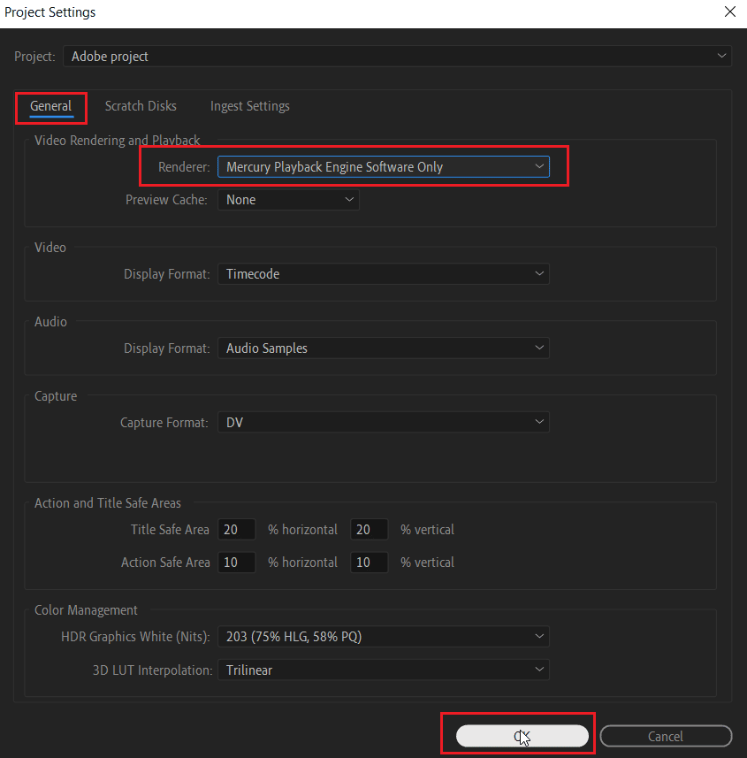 seleccione Rederer al modo de solo software y haga clic en Aceptar. Arreglar el código de error 3 de Premiere Pro en Windows 10