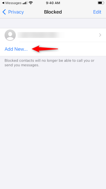 Agregar Nuevo contacto para bloquear en WhatsApp para iPhone