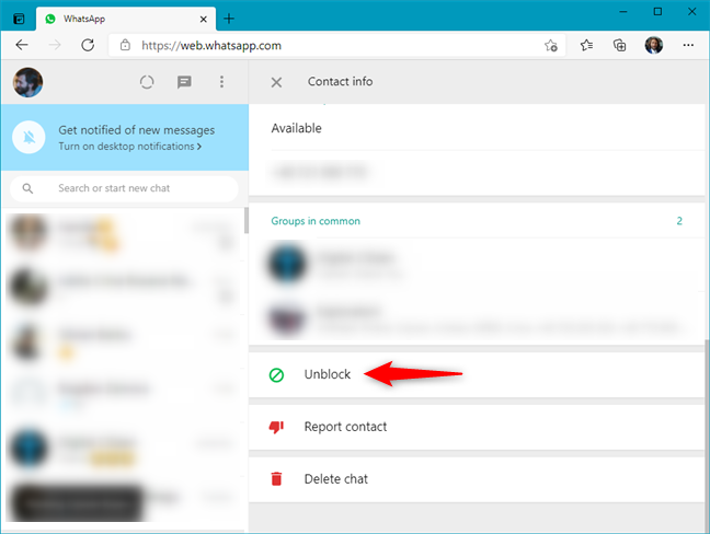 Cómo desbloquear a alguien en WhatsApp Web desde la página de contactos