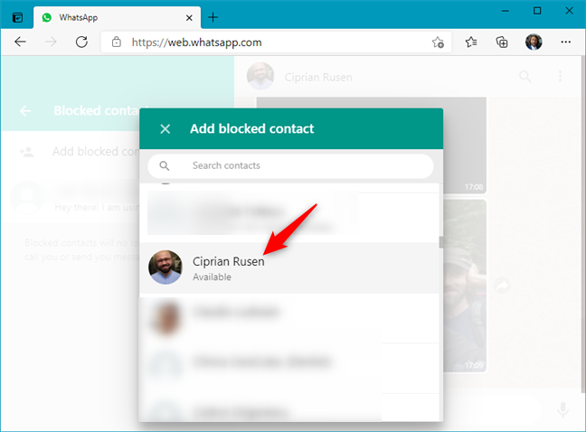 Elegir a quién bloquear en WhatsApp Web