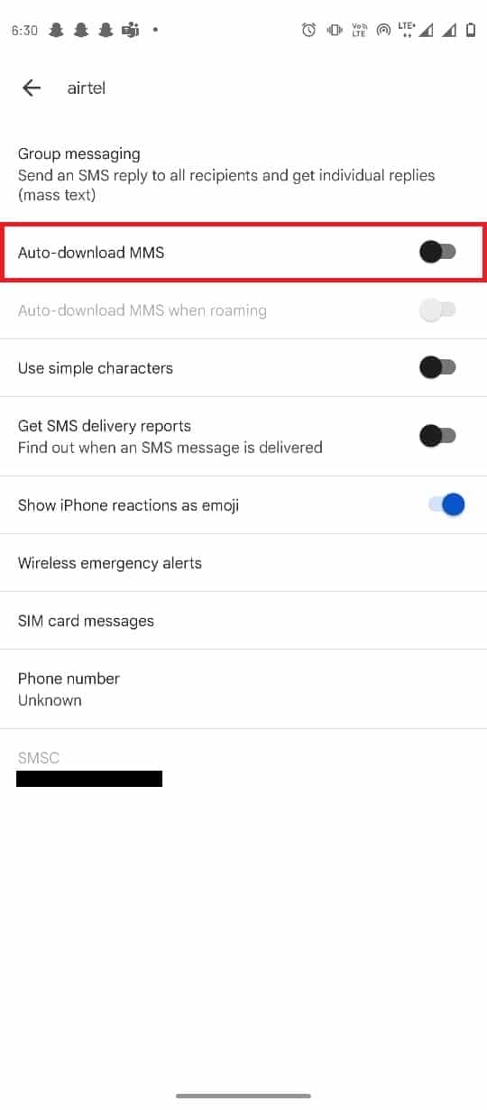 desactive la configuración de descarga automática de MMS