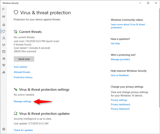 Administre la configuración en Virus &  configuración de protección contra amenazas