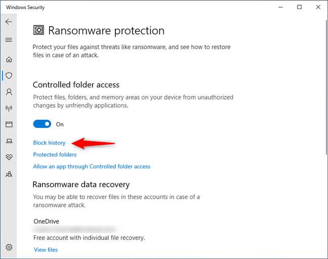Protección contra ransomware de Windows 10: verifique el historial de bloqueo