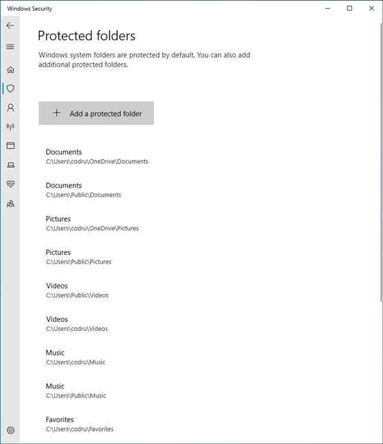 La lista de carpetas protegidas por Windows 10 contra ransomware