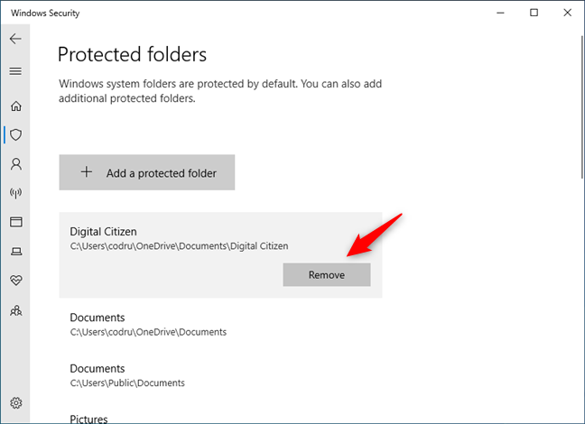 Eliminación de una carpeta de la lista de protección contra ransomware