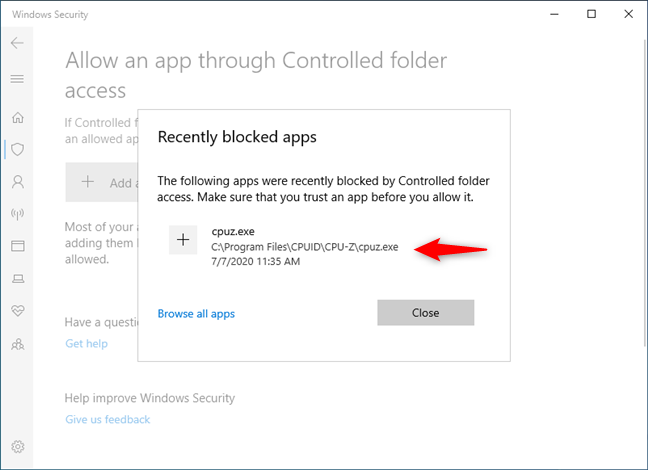 Lista blanca de una aplicación en el acceso controlado a la carpeta de Windows 10