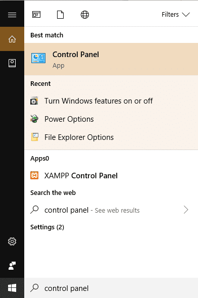 Abra el panel de control buscándolo usando la barra de búsqueda