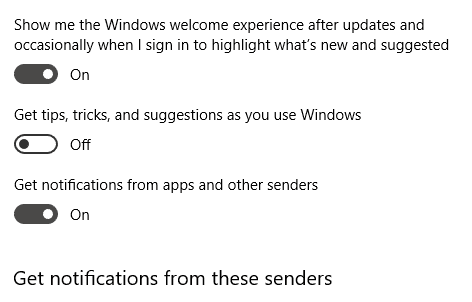 En el bloque 'Notificaciones', desmarque 'Obtener consejos, trucos y sugerencias mientras usa Windows'.