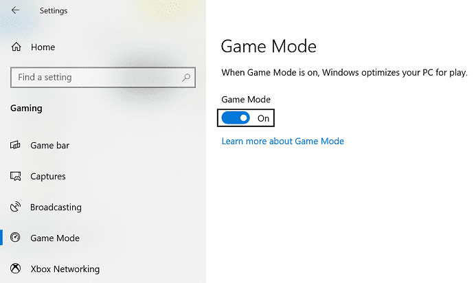 Seleccione 'Modo de juego' y active 'Usar modo de juego'.