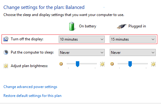 Vuelva a establecer los mismos ajustes de potencia que los consejos del método anterior |  Cambiar la configuración del tiempo de espera de la pantalla de bloqueo en Windows 10