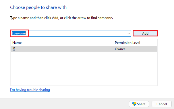 agregue a todos en el archivo compartido con la ventana.  Solucionar error de instalación OBS en Windows 10