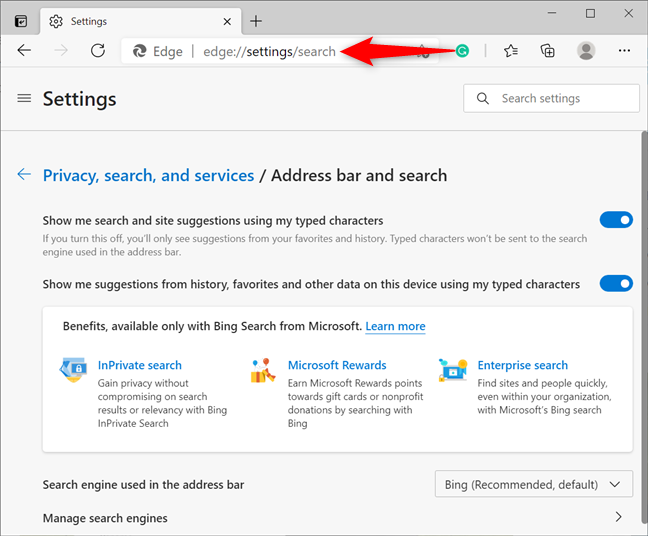 Acceda a la configuración de búsqueda de Edge usando la barra de direcciones