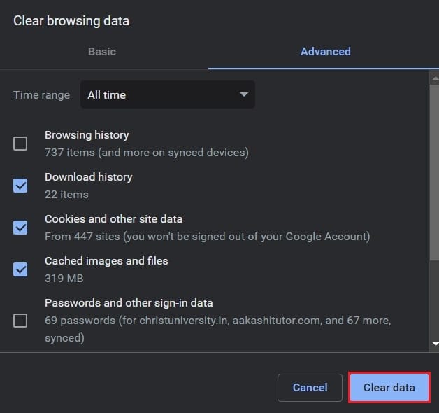 Habilite todos los elementos que desea eliminar y haga clic en borrar datos |  Solucionar un error Ocurrió 'intentar de nuevo' ID de reproducción en YouTube