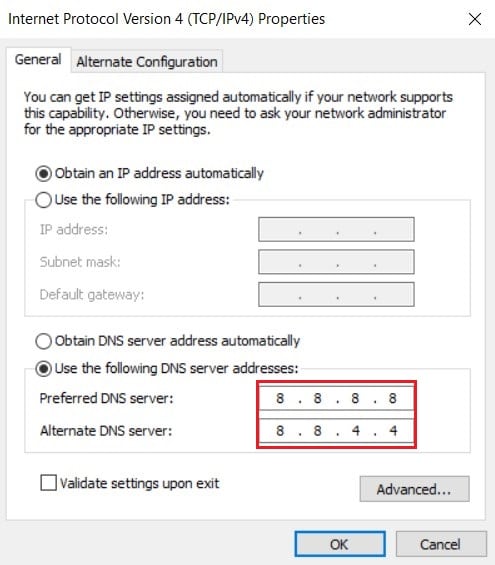 Habilite el uso de la siguiente opción de DNS e ingrese 8888 en el primer cuadro de texto y 8844 en el segundo