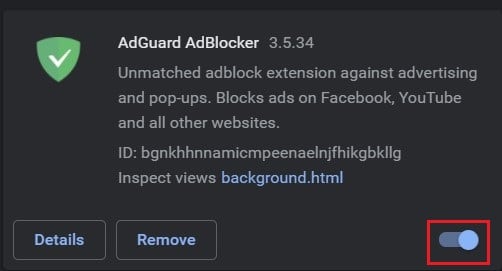 Haga clic en el botón de alternar para desactivar la extensión adblock