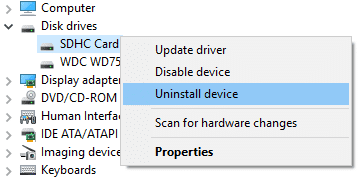 Haga clic derecho en la tarjeta Sd en Unidad de disco y luego seleccione Desinstalar dispositivo