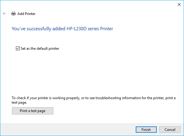 Configure su impresora como predeterminada y haga clic en Finalizar