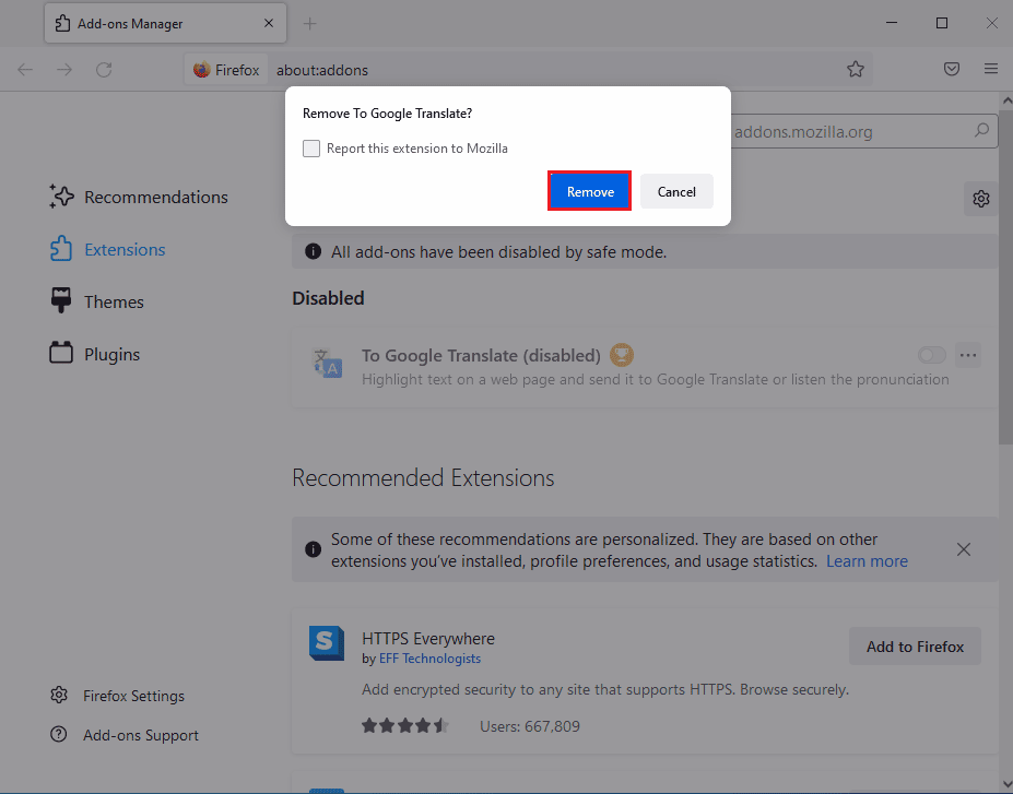 Haga clic en el botón Eliminar.  Reparar el contenedor de complementos para Firefox no funciona